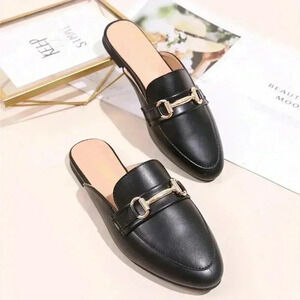 Black Women's Horsebit Decor Loafer Mules Flat Shoes